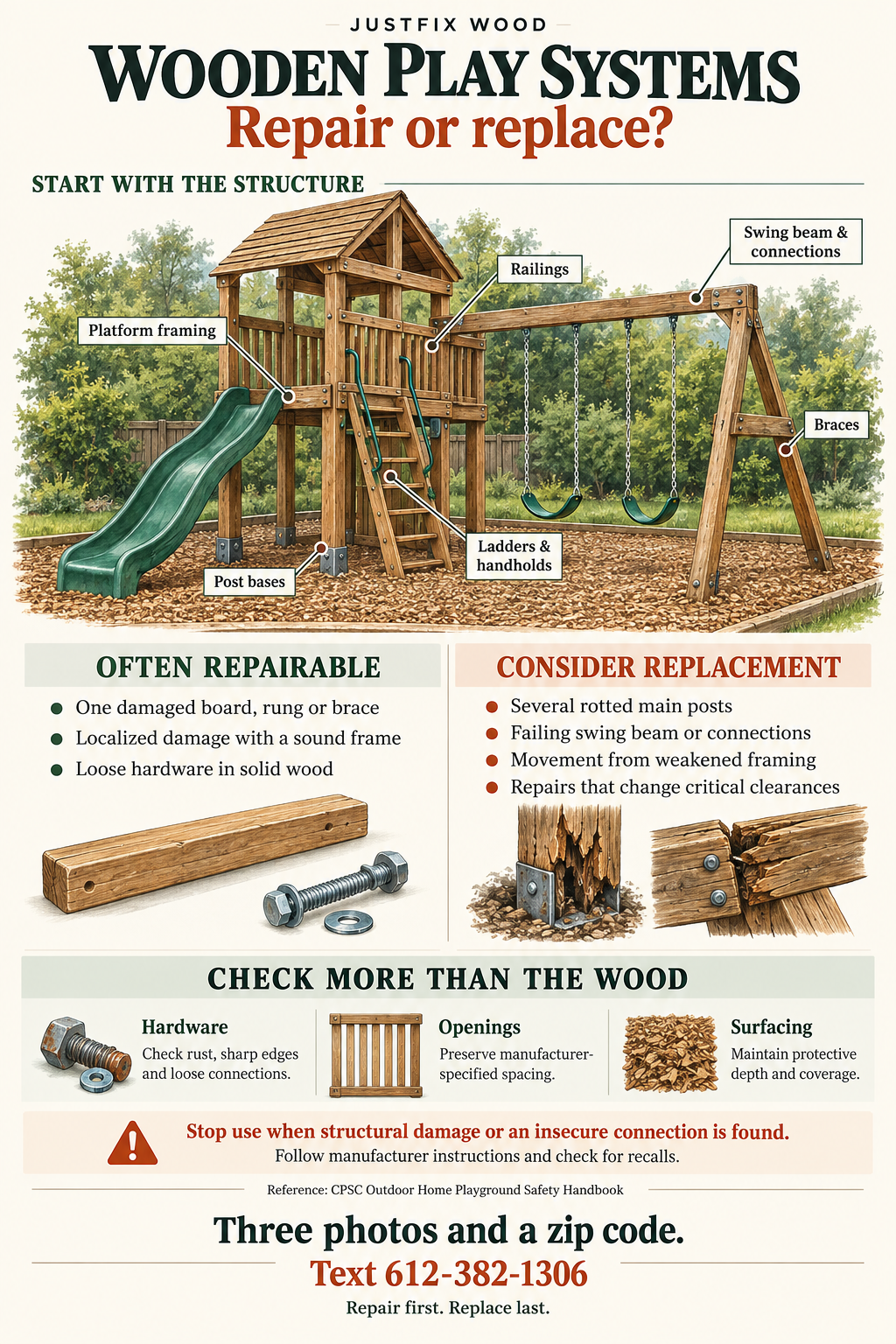 Wooden play system repair inspection guide showing post bases, platform framing, railings, swing beam connections, ladders, braces, hardware, openings and protective surfacing